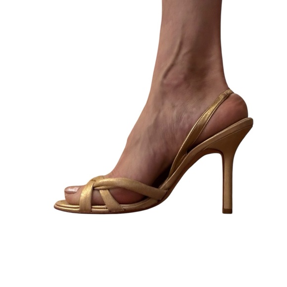 NWOT- BCBGMaxAzria Metallic Gold Stiletto Sandals with Elegant Soft Straps- SZ-8 - Picture 5 of 11